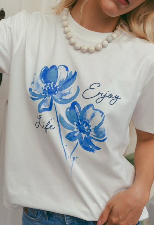 Camiseta Enjoy Life Flores Ivory