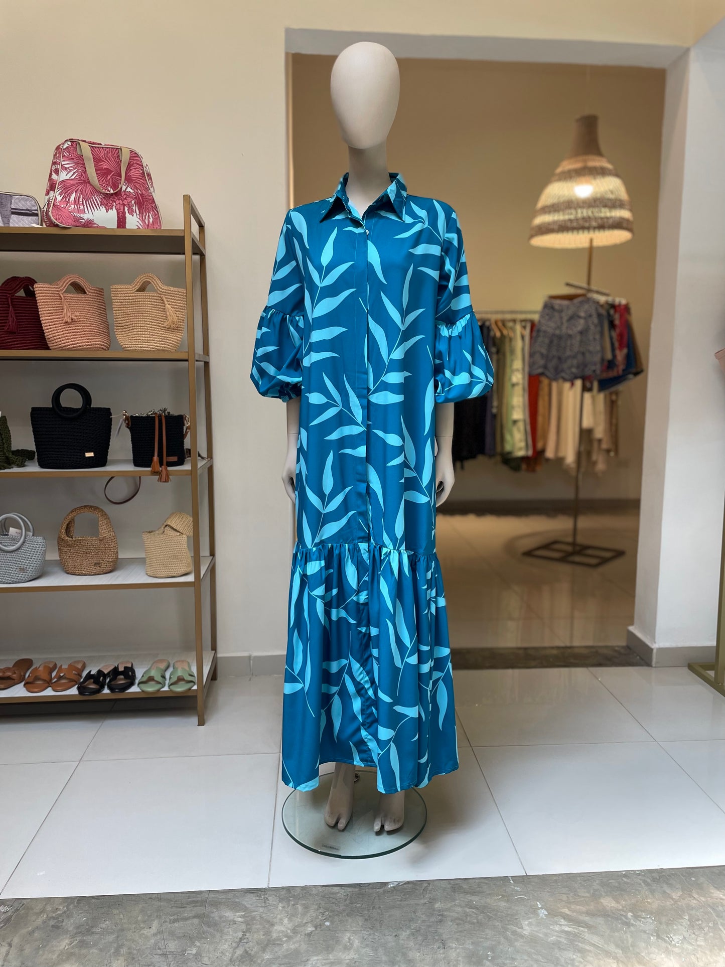 Maxidress Guadalupe Azul Hojas Cyan