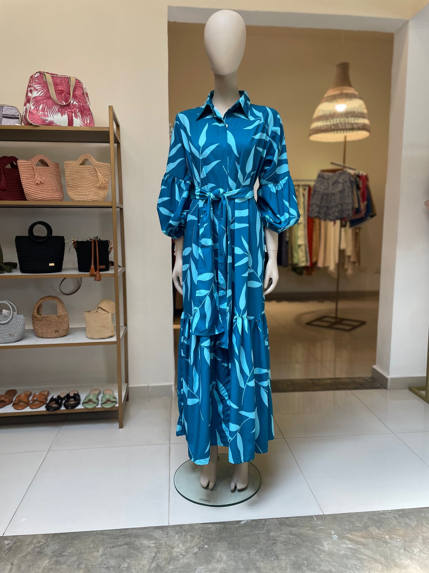 Maxidress Guadalupe Azul Hojas Cyan