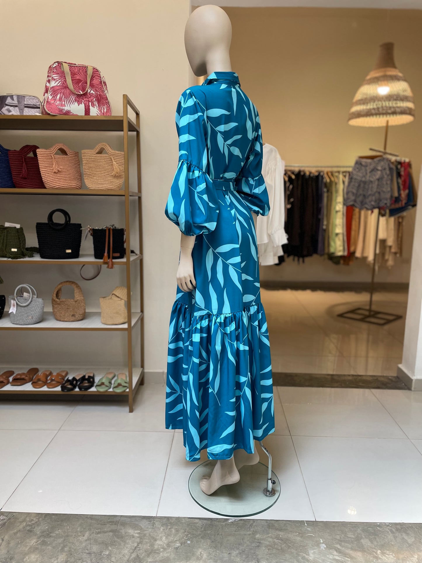 Maxidress Guadalupe Azul Hojas Cyan