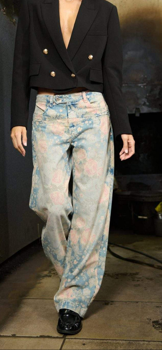 Jean Straight Tiro Medio Azul Medio Flowers Print