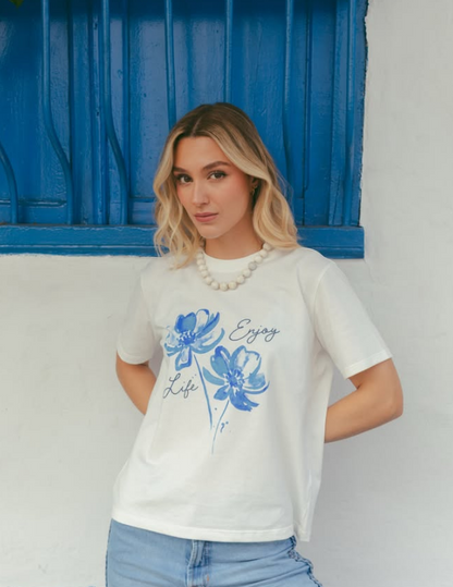 Camiseta Enjoy Life Flores Ivory