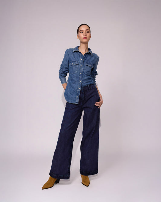 Jean Wide Leg High Rise Oscuro con Cinturón Atrás 328