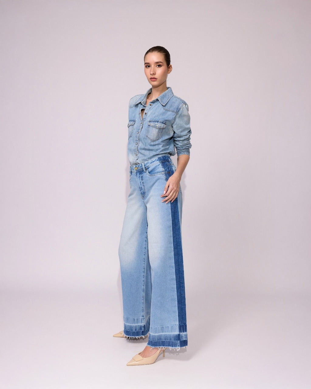 Jean Wide Leg High Rise Doble Tono Lateral 308
