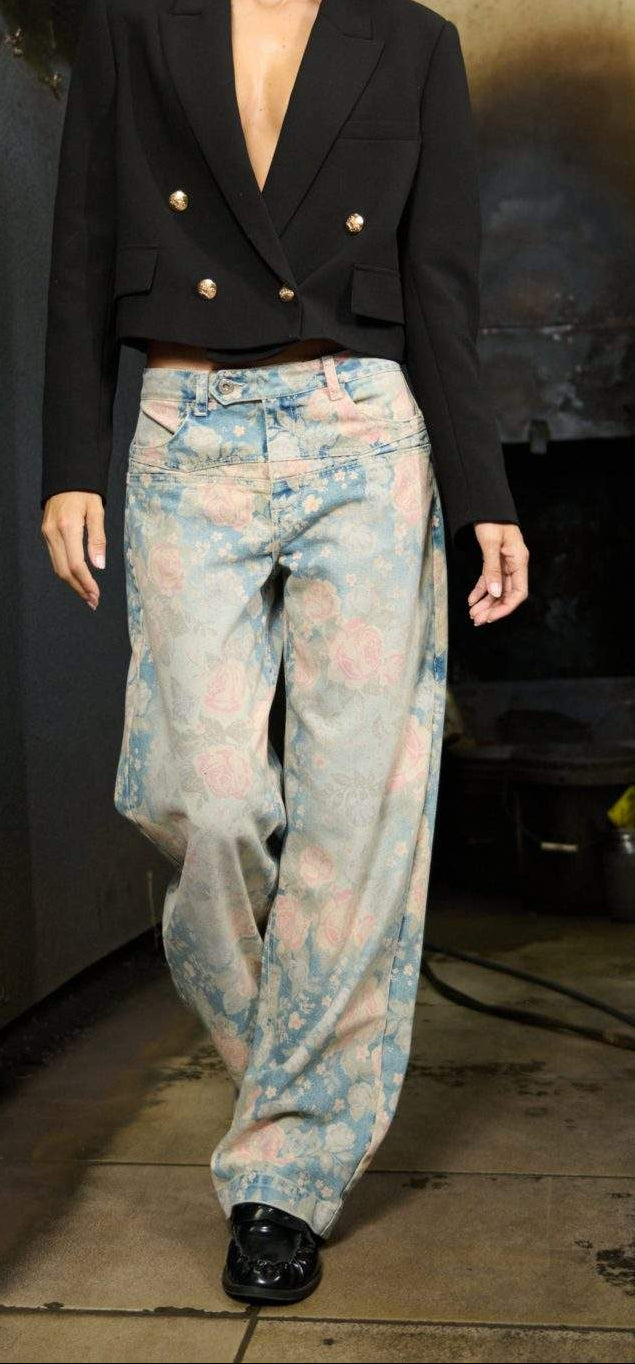 Jean Straight Tiro Medio Azul Medio Flowers Print