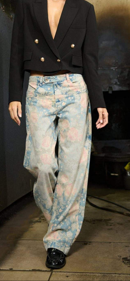 Jean Straight Tiro Medio Azul Medio Flowers Print