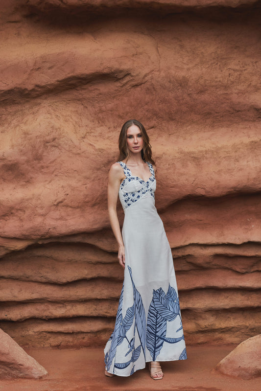 Vestido Leila Lino Estampado Azul