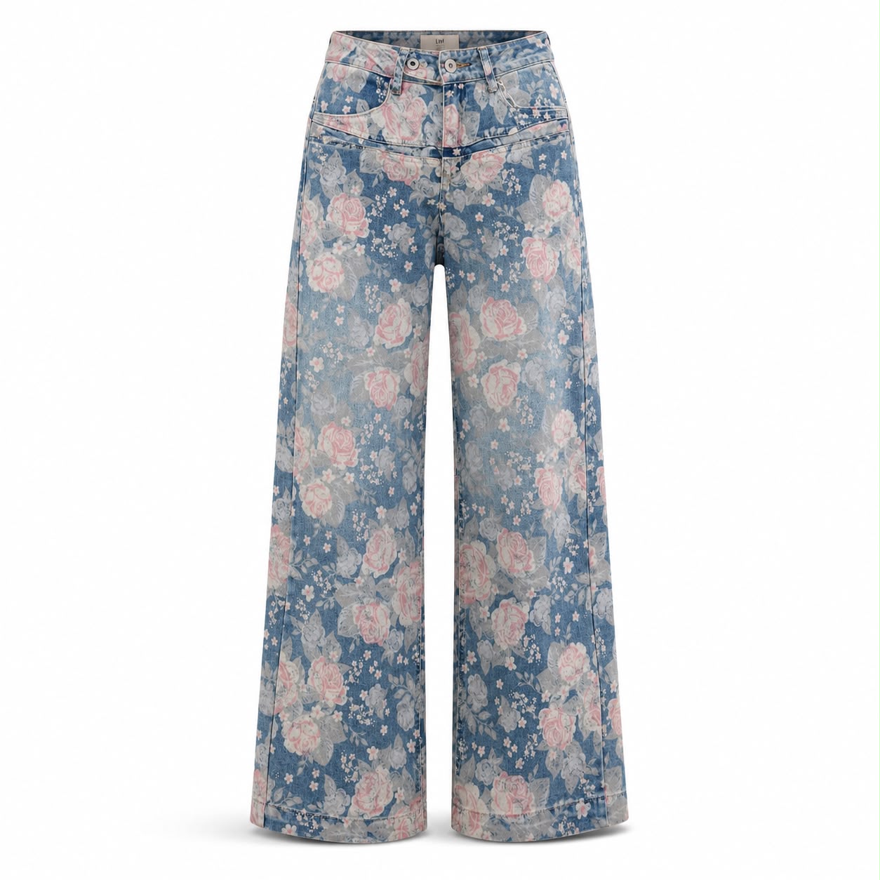 Jean Straight Tiro Medio Azul Medio Flowers Print