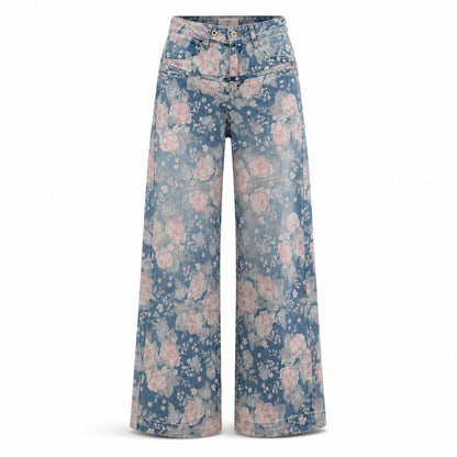 Jean Straight Tiro Medio Azul Medio Flowers Print