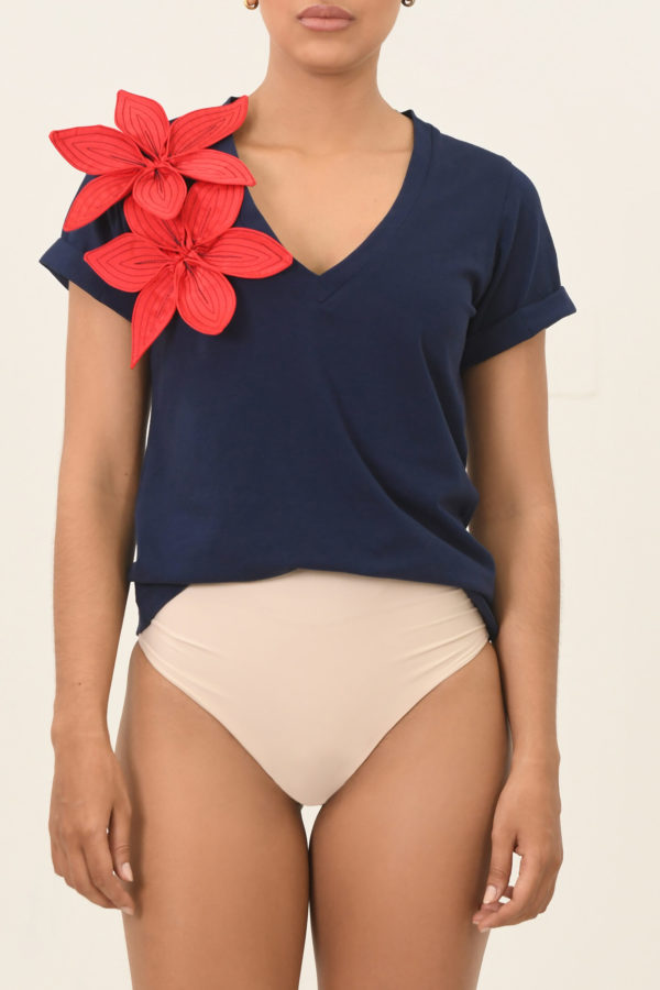 T-shirt Flor Azul Navy/Rojo